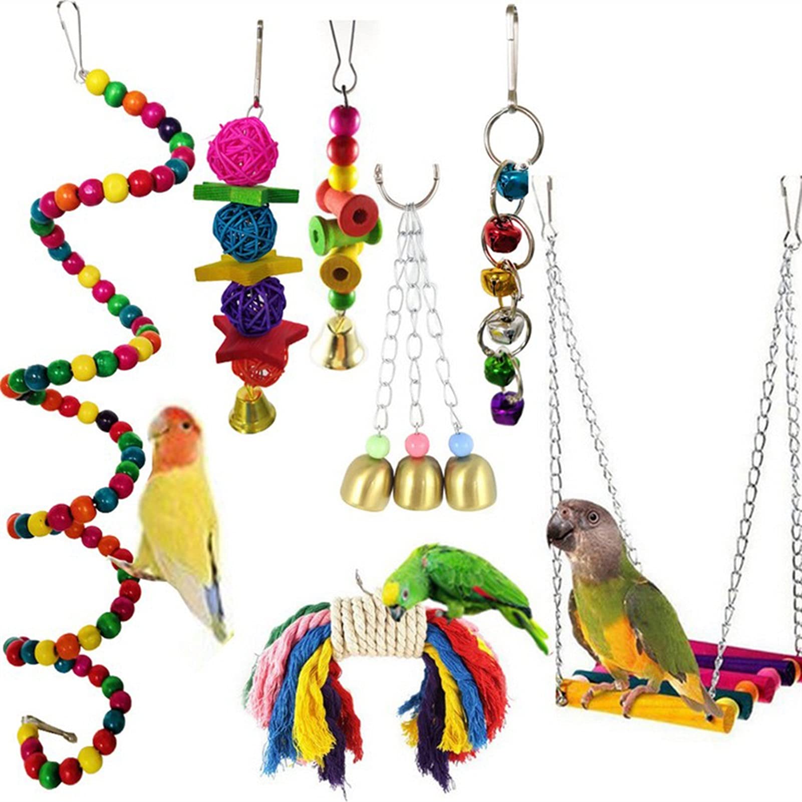 Vogelspielzeug 7PCS / Set Papageivögel Holz Spielzeug Kit Entzückende Hängende Swing Glocken Bridge Dekorative Holz Vogel Spielzeug Stehendes Training Werkzeug