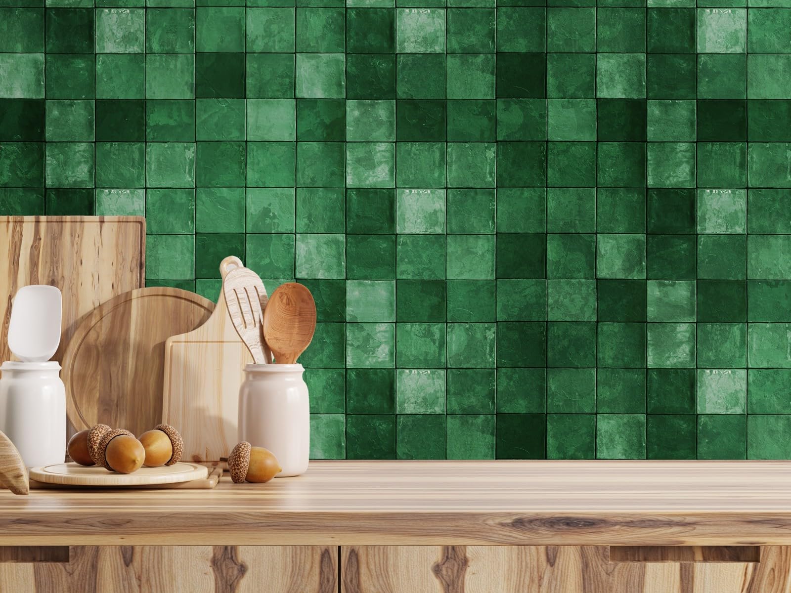 Crédence cuisine adhésive vinyle effet zellige vert pour mur abîmé