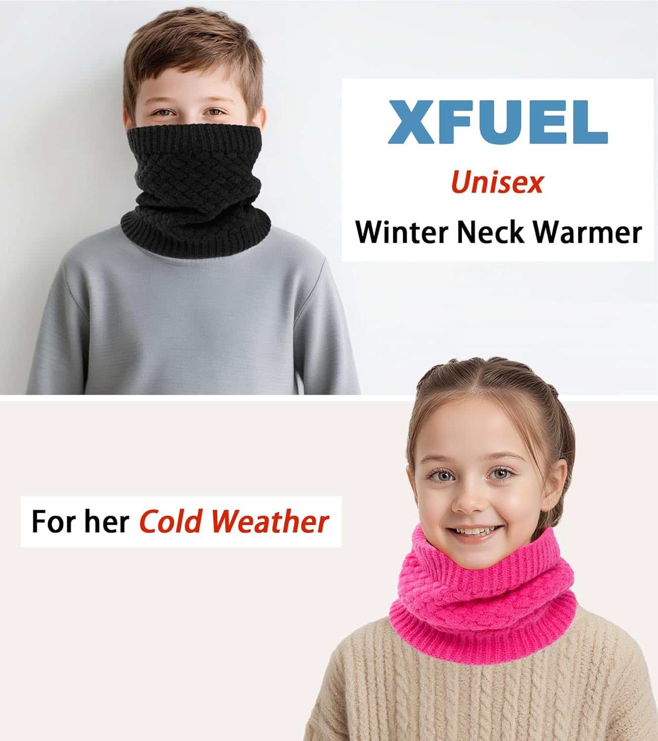 Kids Neck Warmer, Knitted Winter Neck Gaiter for Boys Girls Fleece Lined Infinity Scarf for Cold Weather - Image 2