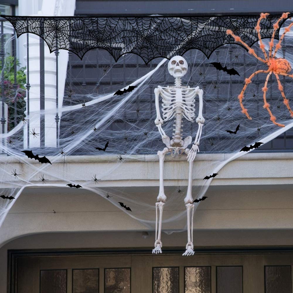 LONGTEN Décoration d'Halloween en dentelle noire avec toile d'araignée, chauve-souris, fantôme, housse en tissu pour cheminée, table, porte, fenêtre, climatiseur, mur, fournitures de fête horrifiantes LONGTEN Décoration d'Halloween en dentelle noire avec toile d'araignée, chauve-souris, fantôme, housse en tissu pour cheminée, table, porte, fenêtre, climatiseur, mur, fournitures de fête horrifiantes