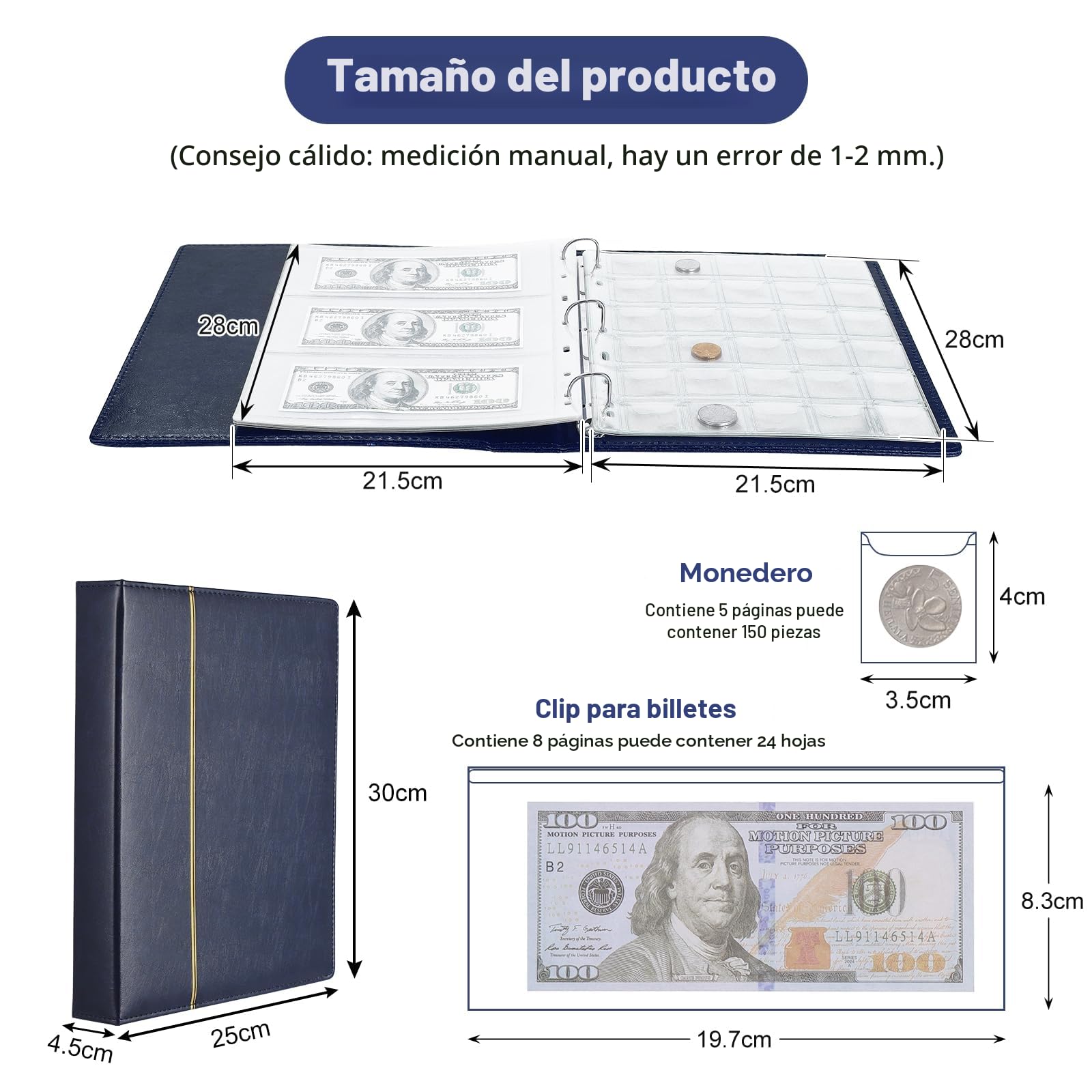 Álbum para Colección de Billetes y Monedas de Cuero, Contiene 150 Bolsillos para Monedas y 24 Bolsillos para Billetes, álbum para coleccionar monedas grandes, billetes y sello de dinero(azul)