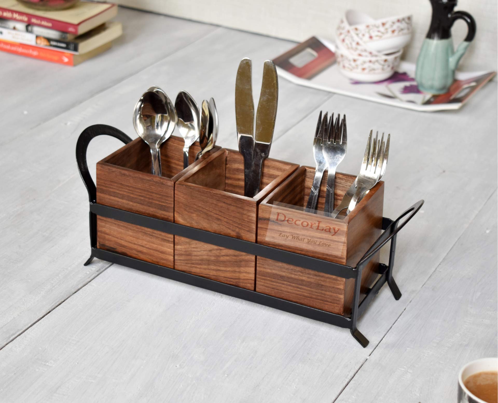 Decorlay Sheesham Wood Cutlery Holder for Kitchen and Dining Table with 3 Wooden Jar and 1 Stylish Iron Stand (Brown and Black) 35x11x14 cm