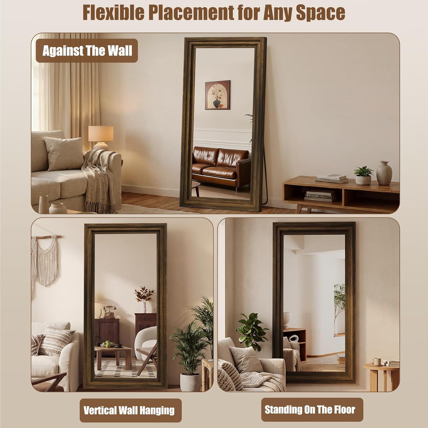 Full Length Mirror 71"x30", Large Solid Wood Frame Floor Mirror, Leaning Floor Mirror, Stable Frame, Shatterproof Glass, Modern Classic Style for Bedroom, Living Room, Entryway
