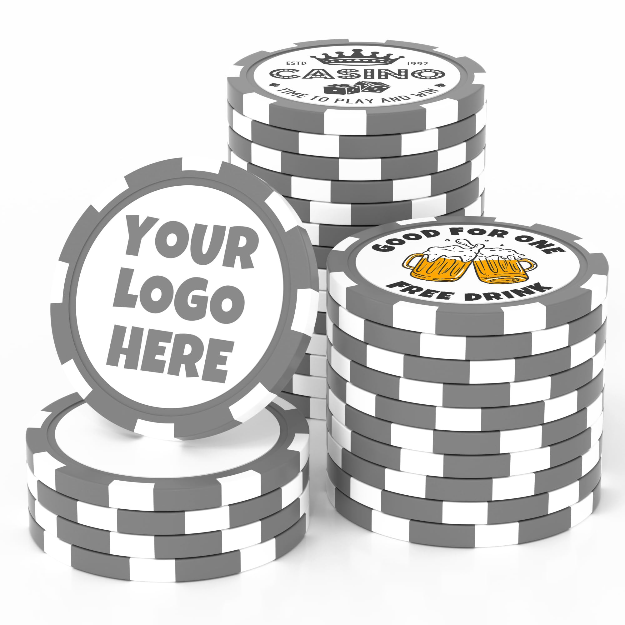 MANBATTLE 25 Custom Clay Poker Chips, 40mm Heavy 11.5 Grams Casino Sized Personalized Poker Chips with Logo or Text, Customized Drink Tokens for Bar, Party, Business Card, Golf Club or Events (Grey) — image 1