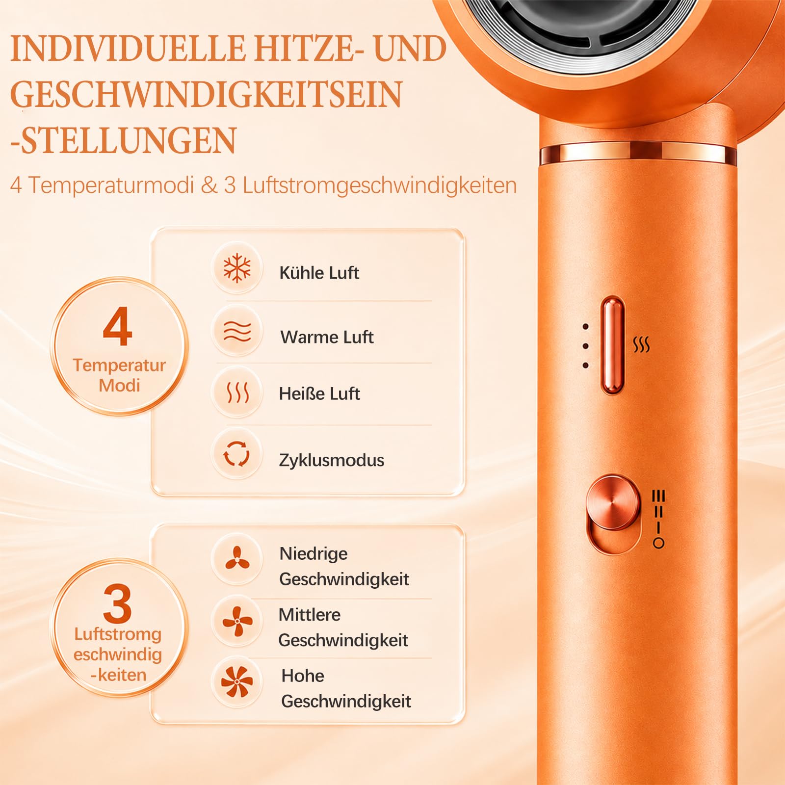 VGR 478 6-in-1 Hairstyler, 1300W Haarstyling Geräte Mit Föhnbürste Und Rundbürstenföhn, Airstyler Mit 3 Lüftergeschwindigkeitsstufen Und 4 Temperaturstufen, Lockenföhn Mit Abnehmbare Rückseite, Orange