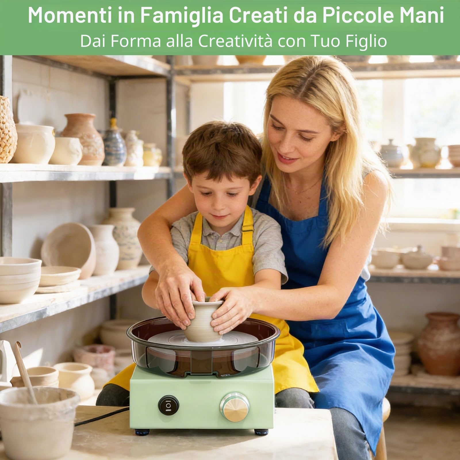 Mini Tornio da Ceramica con Piatto Rotante Bifacciale da 15 cm, Struttura Metallica, Paraspruzzi Rimovibile e Kit di Strumenti, Macchina per Modellare Argilla per Principianti, Bambini e Adulti