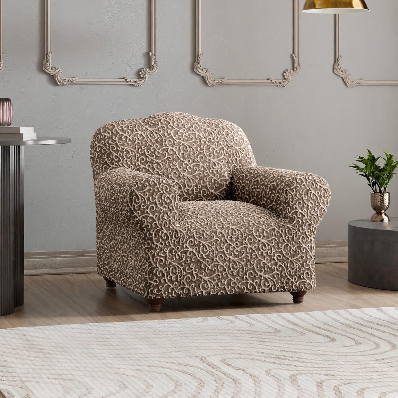 PAULATO BY GA.I.CO. Chair Cover - Armchair Slipcover - Cotton Fabric Slipcover - 1-Piece Form Fit Stretch Stylish Furniture Protector - Jacquard 3D Collection - Brown Arabesco (Chair)