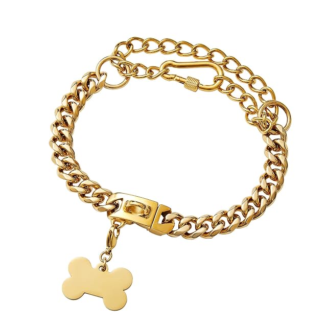 Foto 3 de 8 de Collar De Perro De Acero Inoxidable Plateado Y Dorado,Collar De Perro De Cadena Cubana