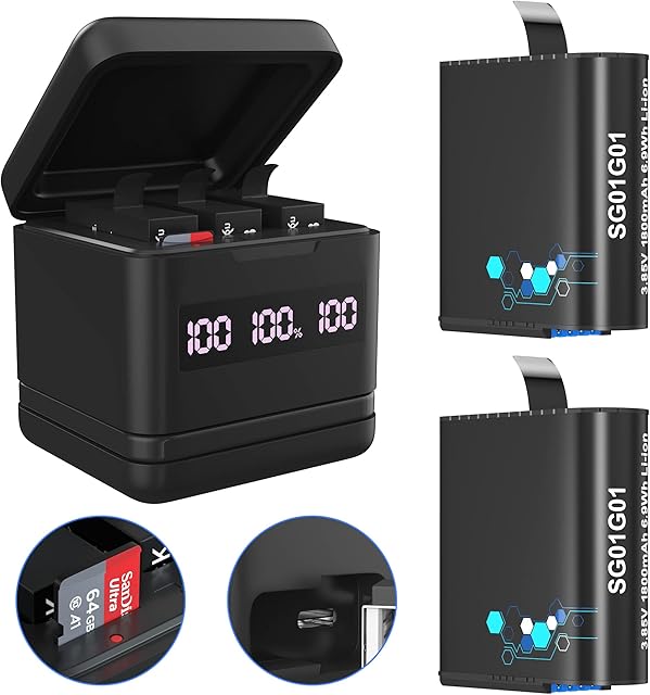 /  /, 3-Channel USB-C Fast Charger Station with Battery Digital LCD Display and Micro SD Card Reader Function