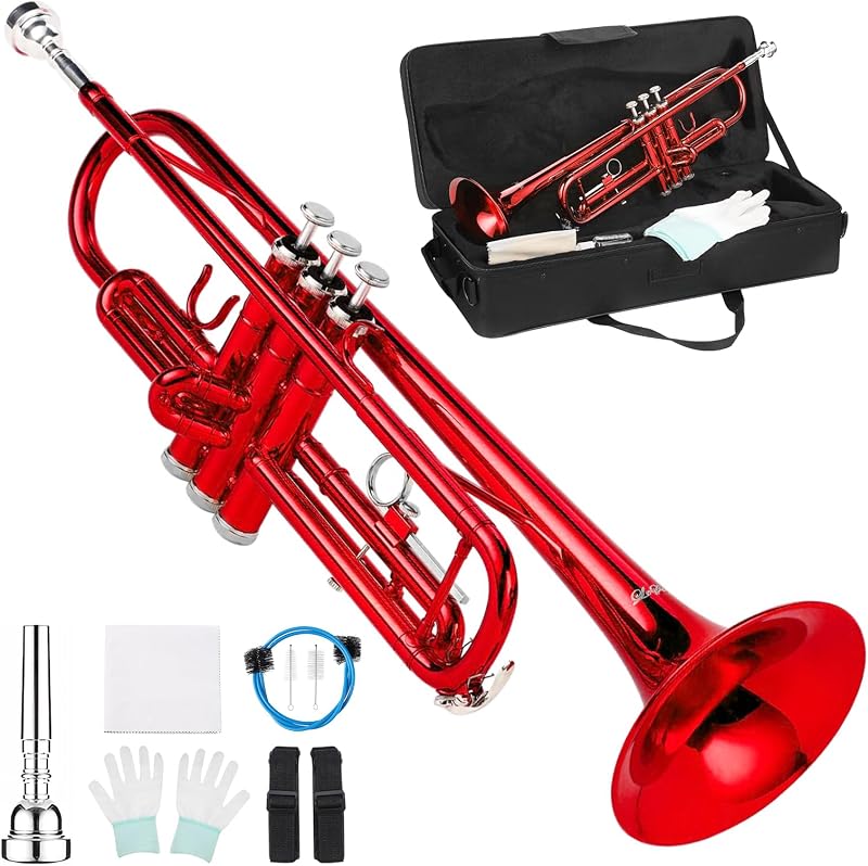 Bb Standard Trumpet Set for Beginner, Brass Student Trumpet Red | Include Carrying Case, Care Kit, Valve Oil, Cloth, 7C Mouthpiece & Gloves