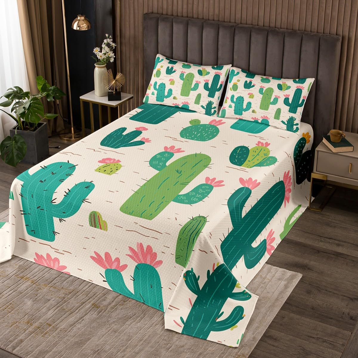 Parure de lit cactus vert King Size avec 2 taies d'oreiller en polyester doux