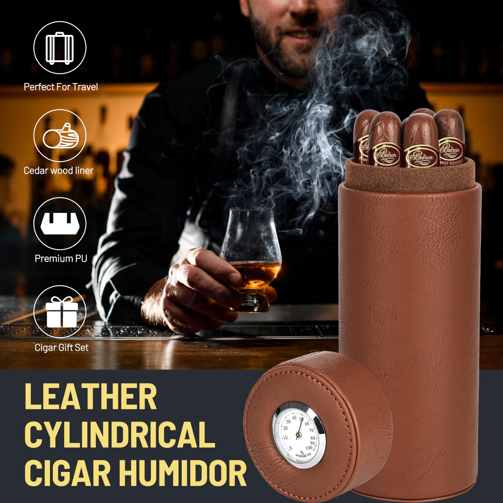 M TIME C CLUB Premium Brown Cylindrical Cigar Humidor with Hygrometer and Cedar Wood Lining - Image 2