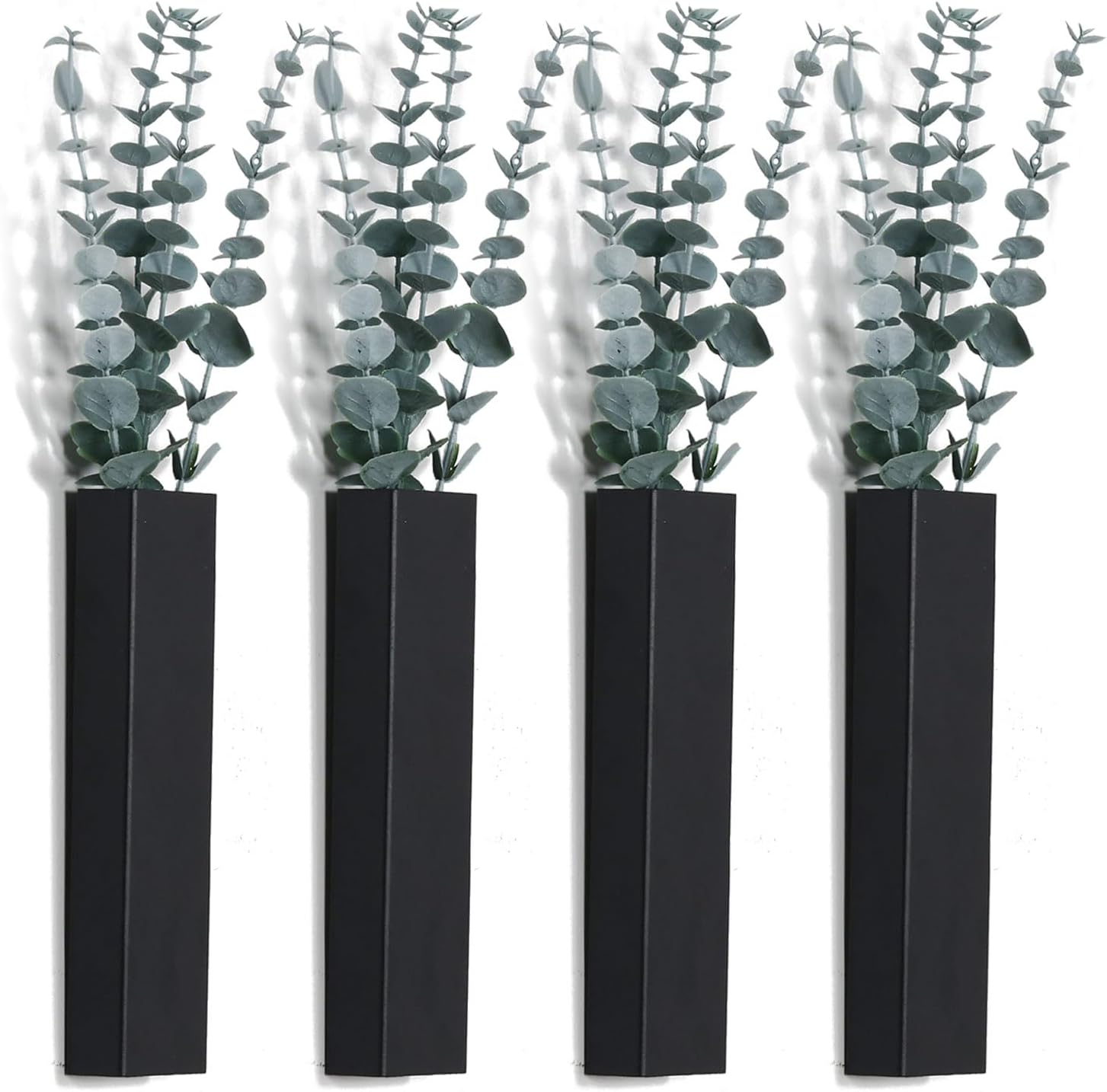Pretty Jolly Wall Decor Eucalyptus Metal Planter Modern Boho Home Vase,Artificial Flowers Indoor Wall Sculpture for Living Room, Bedroom Greenery Set of 4 Black