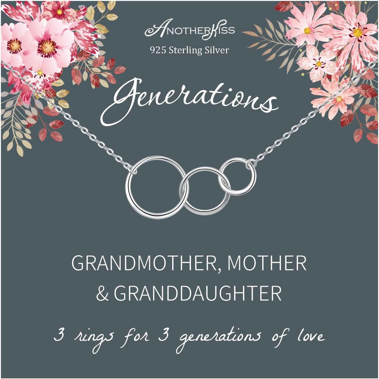 AnotherKiss3 Generations Necklace, Grandma Birthday Gifts, Sterling Silver 3 Circle Necklace, Gifts for Grandma/Nana/Grandmother/Nanna/Granny, Nanny Gifts from Grandchildren