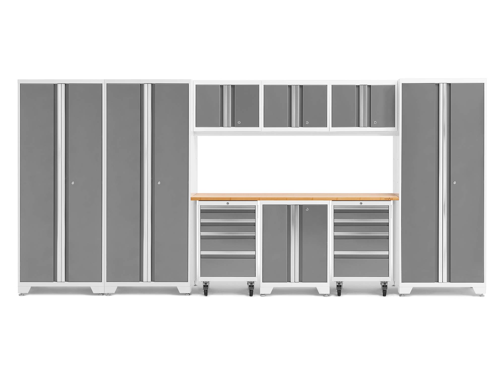NewAge Products White Bold Series 10PC Garage Cabinetry Set · 24-Gauge Steel · Fully Welded · 162" W x 18" D x 76.75" H, 56976