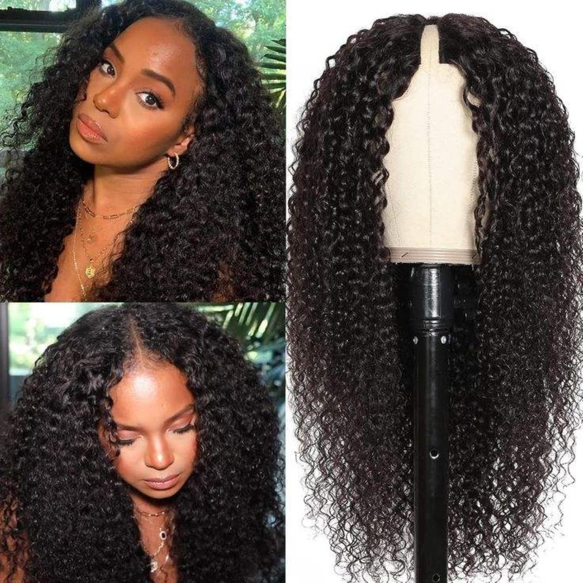 She Real 22Inch V Part Human Hair Wig Curly Brazilian Half Wig Human Hair for Black Women No Sew in NO Glue Natural Color (Natural Black, 22 inch 250% Density, Curly)