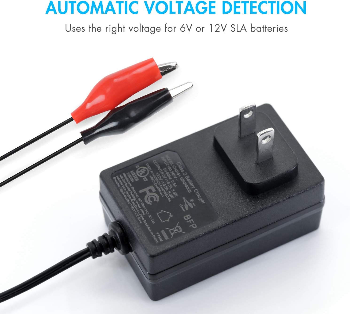 Tenergy TN600 charger with alligator clips connected to a battery