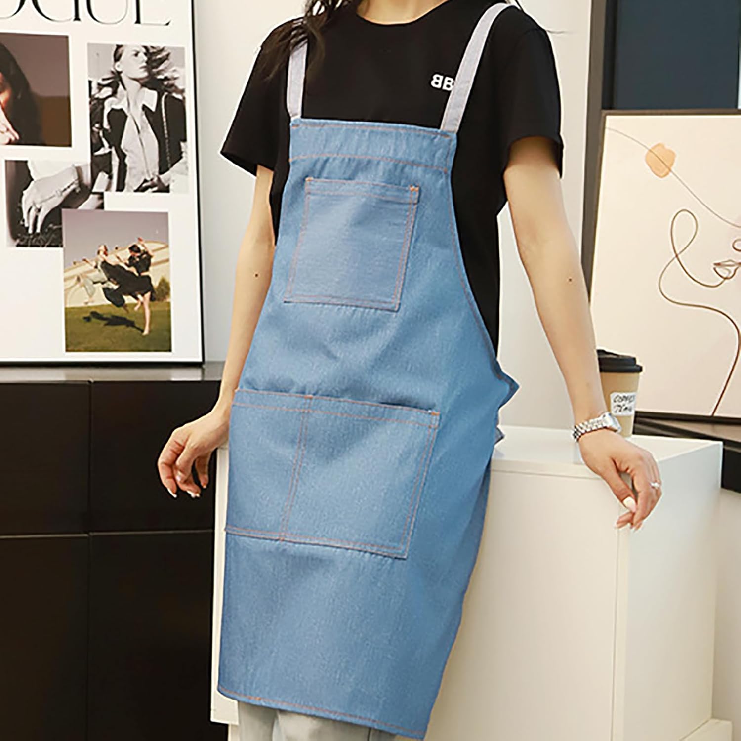 Denim Kitchen Apron Cross Back Adjustable Chef Apron with Pockets for Cooking, Baking, Housework Unisex