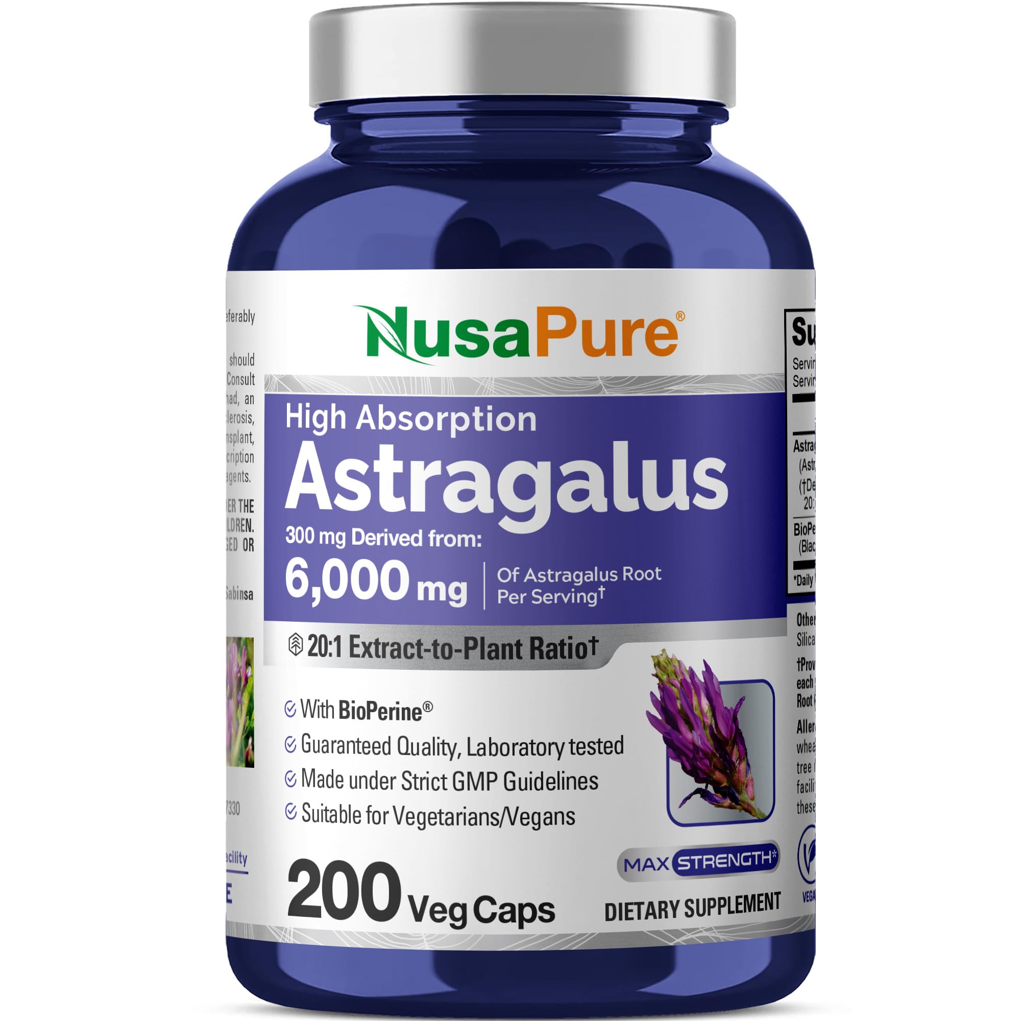 NusaPure Pure Astragalus 2000mg Per Caps 200 Capsules (NON-GMO & Gluten Free) Max Strength - Supports Cardiovascular Health, Boosts Immune Function, Improves Inflammatory Response