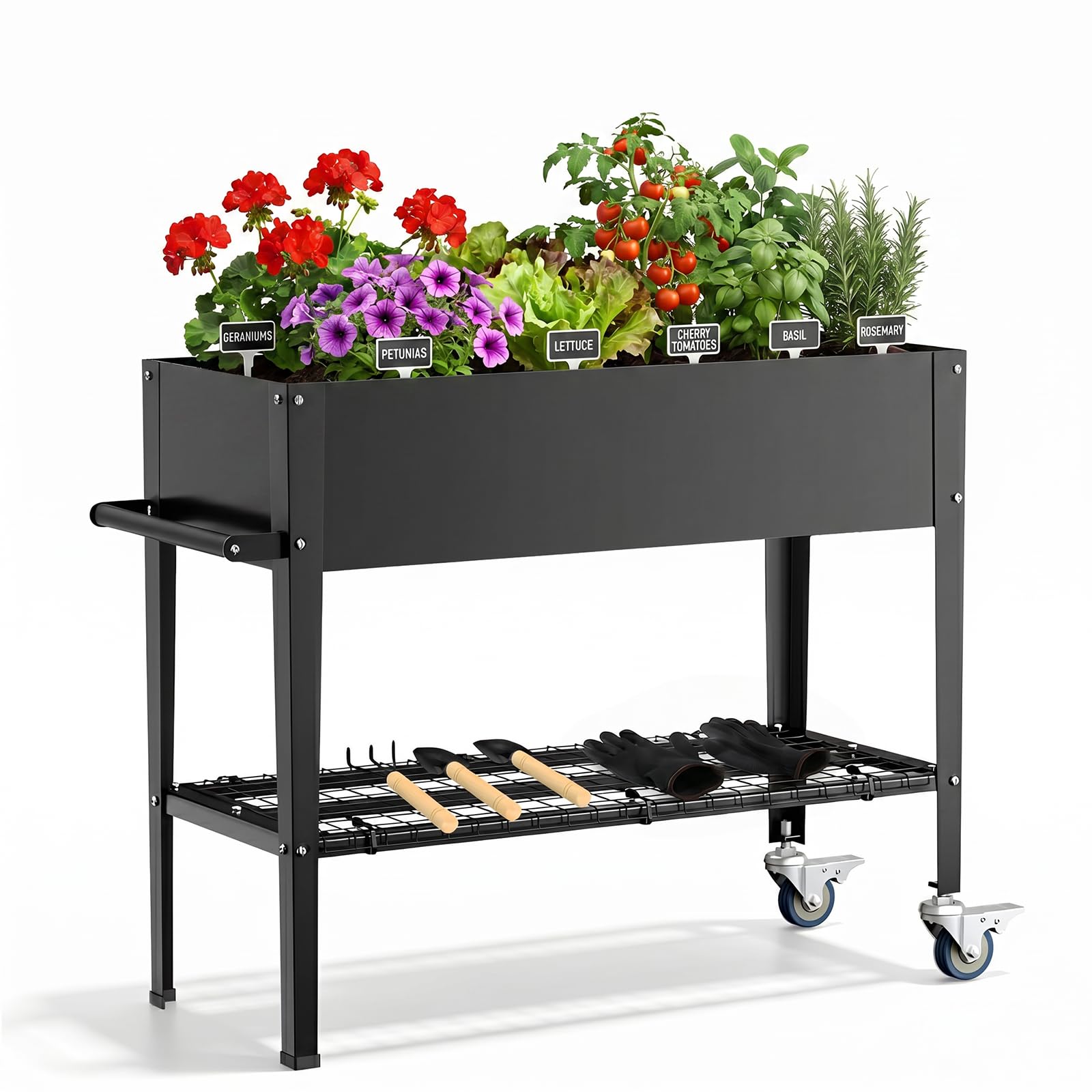Aiuola rialzata in metallo con ruote e ripiano, 111 x 57 x 79 cm, fioriera da giardino con inserto, fori di drenaggio e attrezzi, aiuola per verdure, vaso per erbe aromatiche per il giardino del