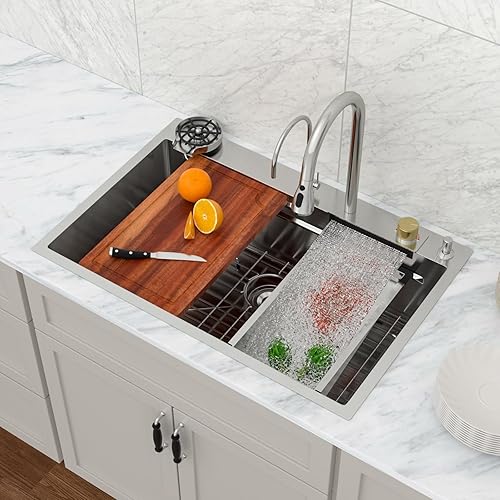 Vista 101 de Logmey Fregadero de cocina negro de 33 x 22 pulgadas, estación de trabajo SUS304, calibre 16, acero inoxidable, cuenco individual, montaje superior