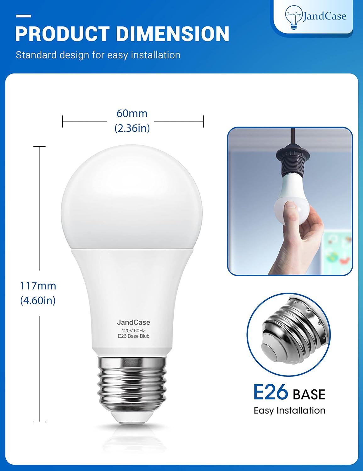 JandCase Dimmable A19 LED Light Bulbs, 75W Equivalent, E26 Base, Daylight White 5000K, Bright Light 1200 Lumens, 12W A19 Edison LED Light Bulb, Energy Efficient, UL Listed, 4 Pack