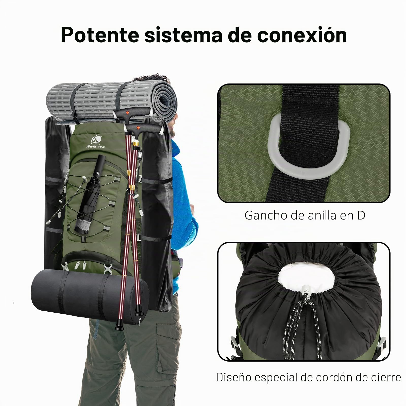Mochila de Senderismo 60L Impermeable con Cubierta de Lluvia, Mochila de Montaña y Trekking para Hombre Mujer, Verde