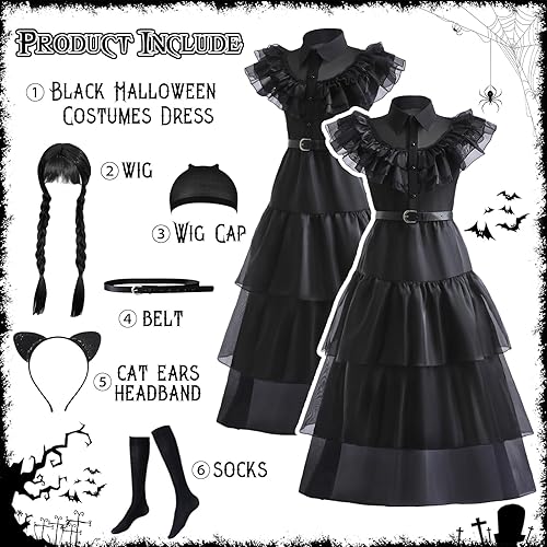 Miniatura 4 de Disfraz de Halloween negro para niñas, cosplay, fiesta de Navidad, con pelucas, cinturón, calcetines, orejas de gato, diadema, gorra de peluca