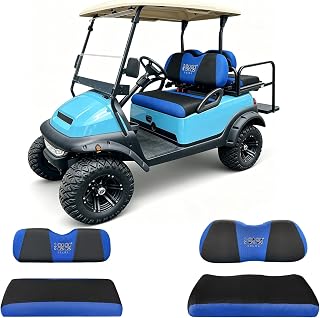 10L0L Golf Cart Front and Rear Seat Cover Set for Club Car DS/Precedent/Onward/Tempo & Yamaha G29 /Drive 2,Stylish 4 Passenger Front Back Seat Covers,Breathable Washable Polyester Mesh (Black/Blue)