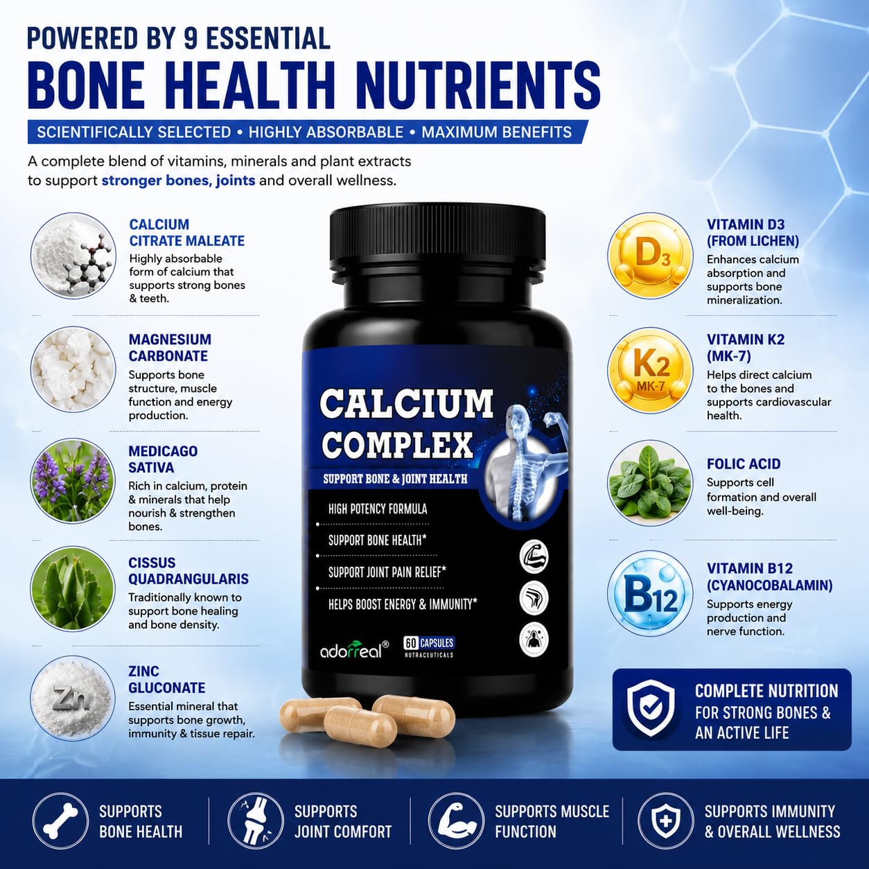 Adorreal Calcium Complex Capsules with Calcium, Magnesium, Vitamin D3 & Zinc | Bone Health & Muscle Function Support | Supports Energy & Immunity | Vegetarian Capsules | 60 Capsules 2