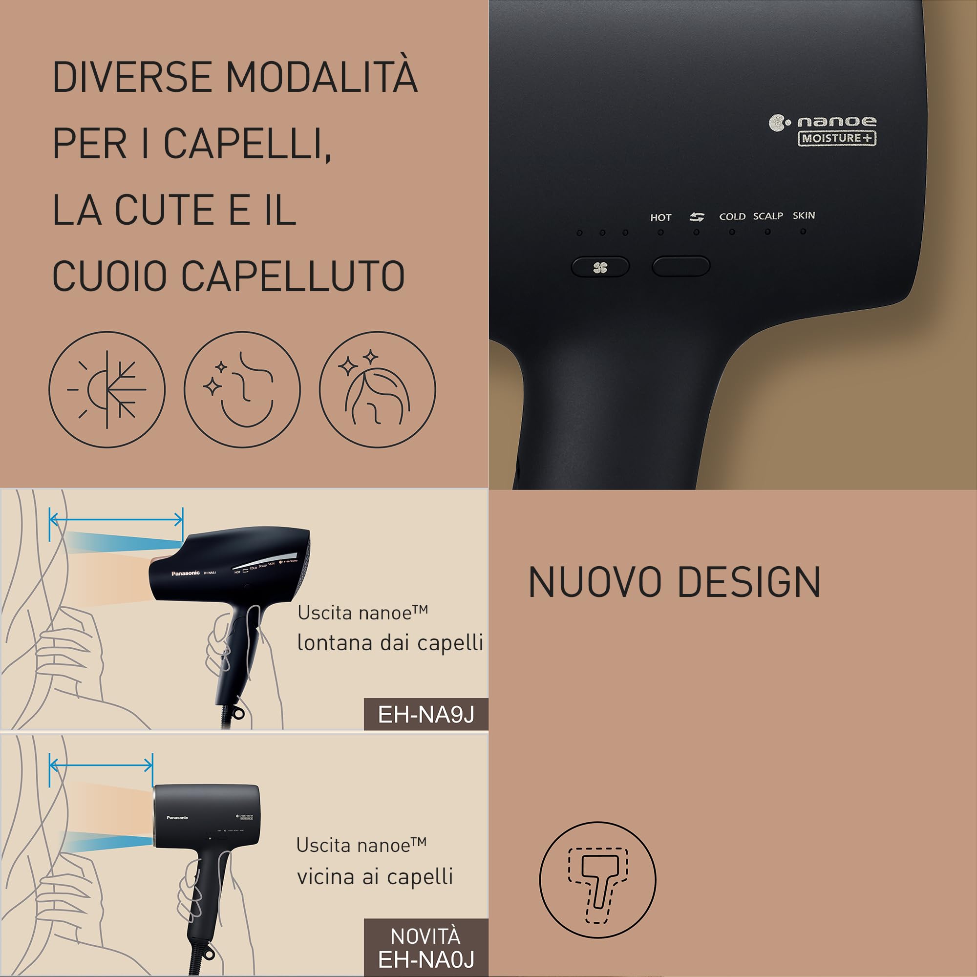 Panasonic EH-NA0J Asciugacapelli nanoe MOISTURE+ e Minerale, if Design Award 2023, Diffusore e Bocchetta Concentratrice, Modalità Alternata Calda e Fredda, Cura della Pelle, Potenza 1600W, Nero