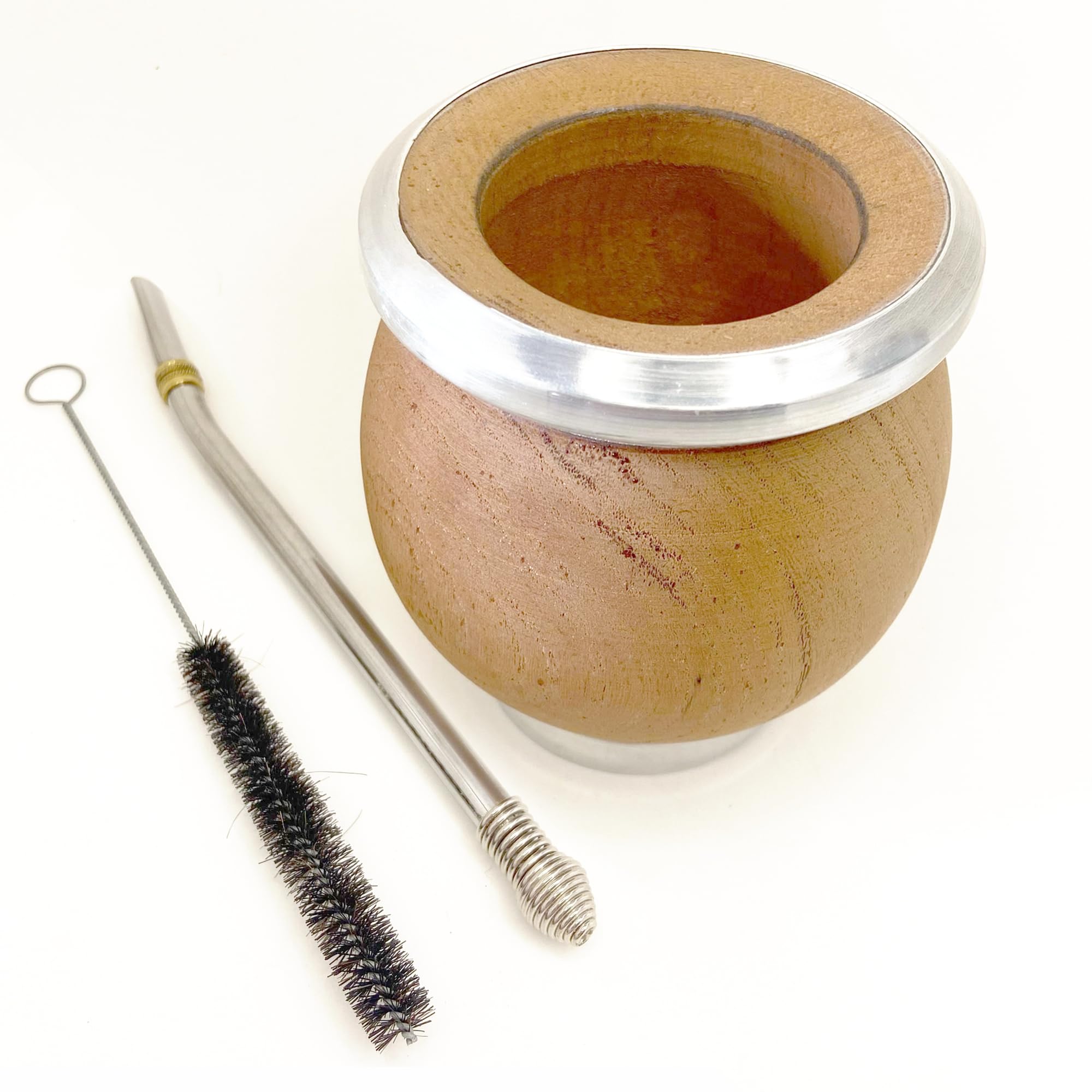 Bon Matei Yerba Carob Wood Set. Traditional and Handmade mate carob. algarrobo with virola and aluminum base. Yerba mate cup wood with bombilla (yerba mate straw)