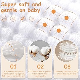 Looxii Muslin Burp Cloths Baby Girl 6 Pack - 20 x 10 - Ultra Soft & Absorbent, 6-Layer 100% Cotton for Spit Up & Drool- Gentle Baby Burping Cloth, Newborn Essentials Shower Gift Girl, White
