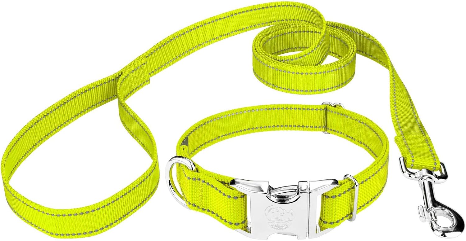 Country Brook Petz - Premium Hot Yellow Reflective Nylon Dog Collar & Leash - Large