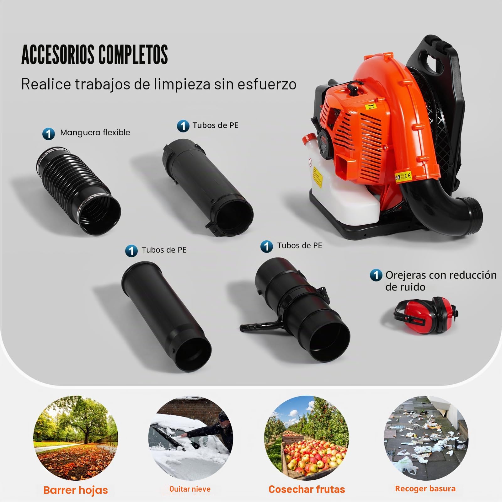 VEVOR Soplador de Hojas de Gas 79 CC Soplador de Nieve de Mochila 2 Tiempos con Tanque de Combustible 3 L Volumen de Aire de 930 CFM para Cuidado del Césped, Limpieza de Hojas, Eliminación de Nieve