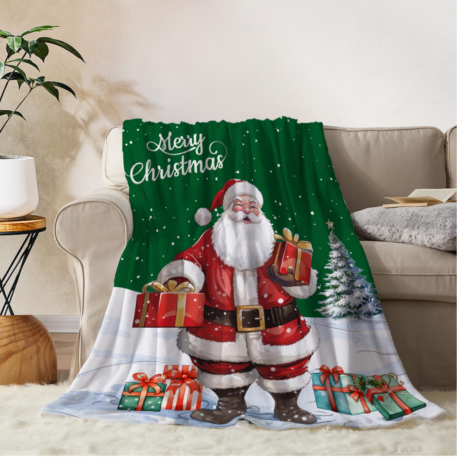 YeeJu Christmas Decorative Throw Blanket Green Christmas Santa Claus Throw Blanket for Couch Sofa Bed Soft Cozy Lightweight Fuzzy Plush Fleece