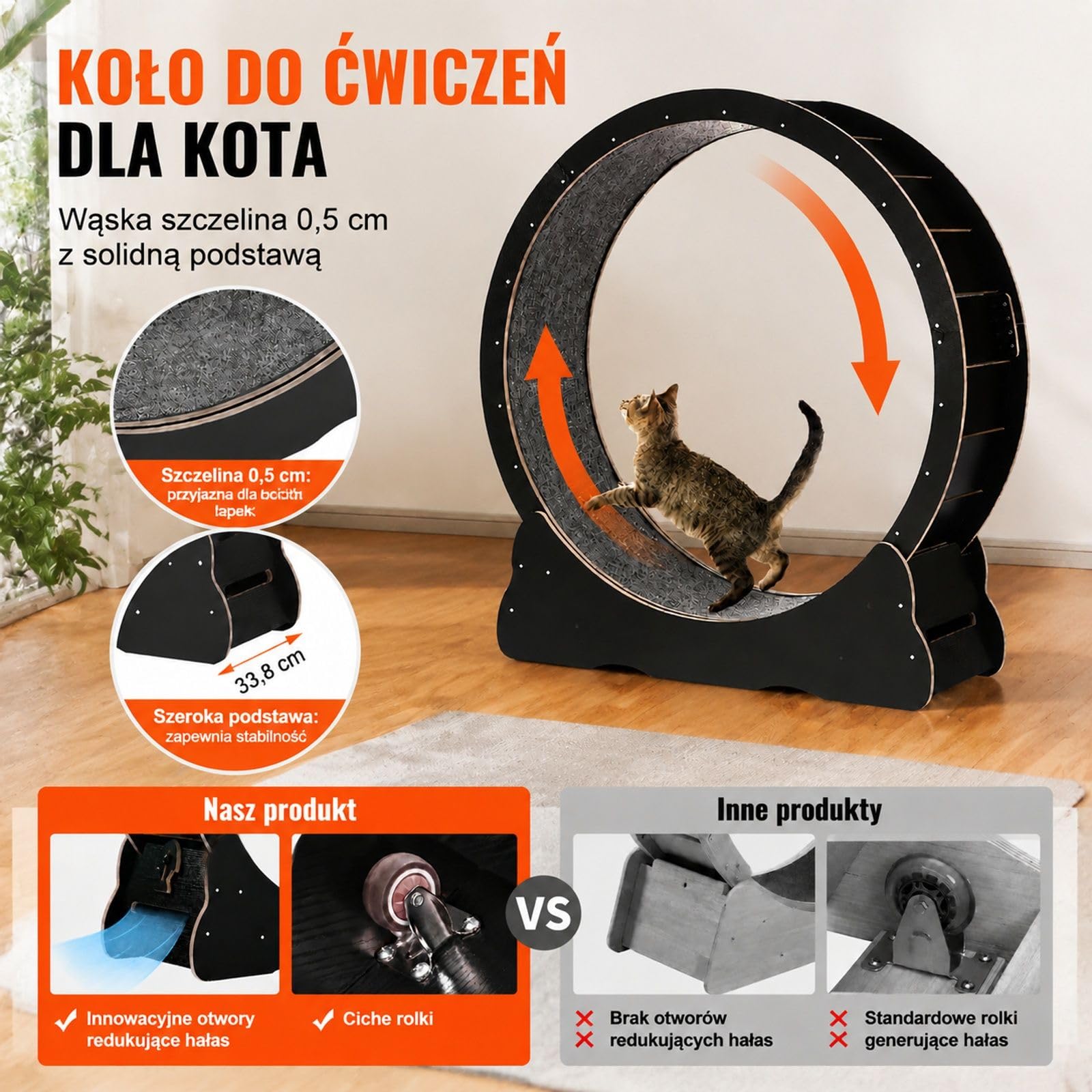 Drewniane koło do biegania dla kota, czarne, ze zdejmowaną matą i wędką dla kota do domu