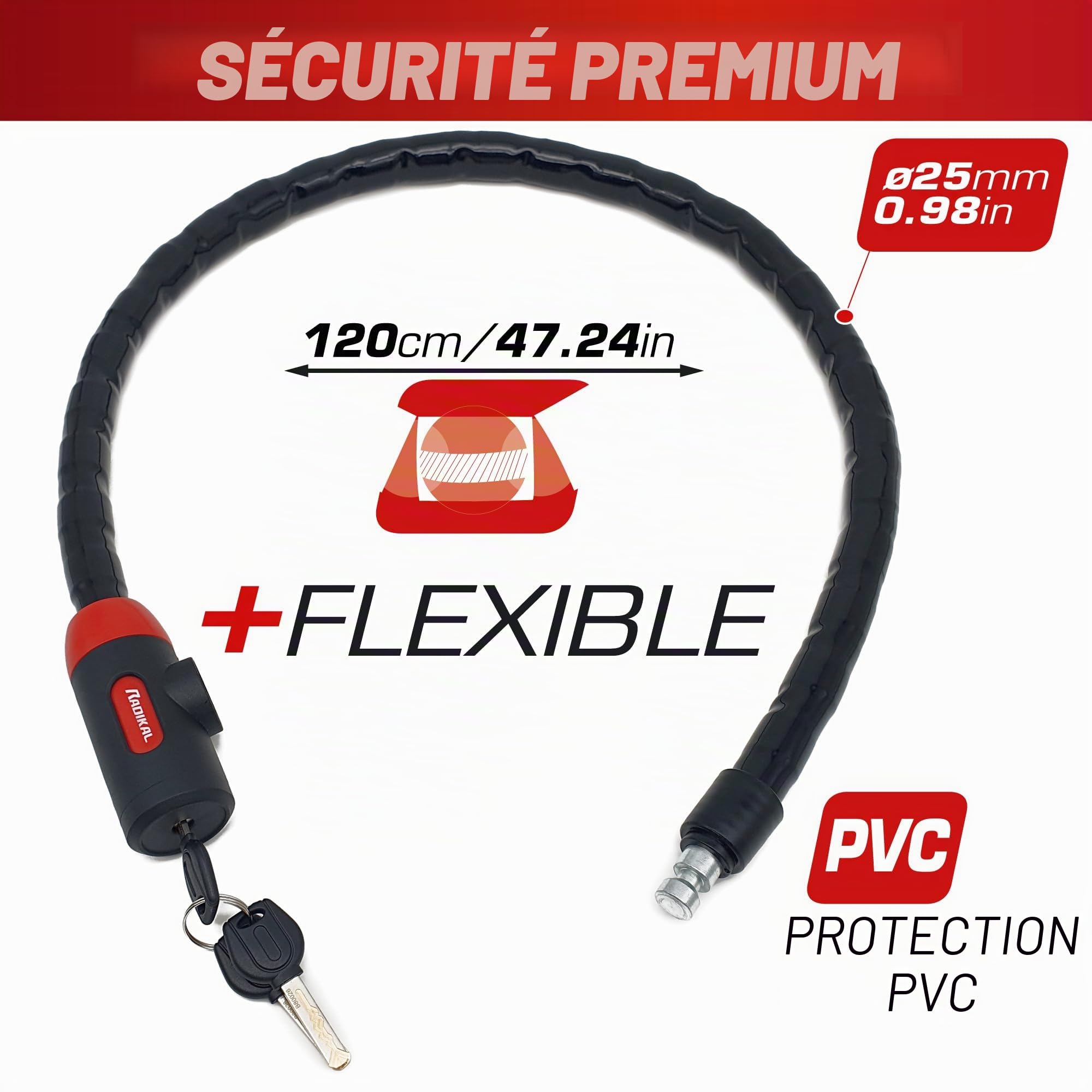 RADIKAL RK520 Antivol Moto et Velo, Python Câble en Acier Articulé Blindé de 120 cm, Flexible, Serrure Haute Sécurité, Anti vol pour Moto, Vélo, Scooter, 120 cm