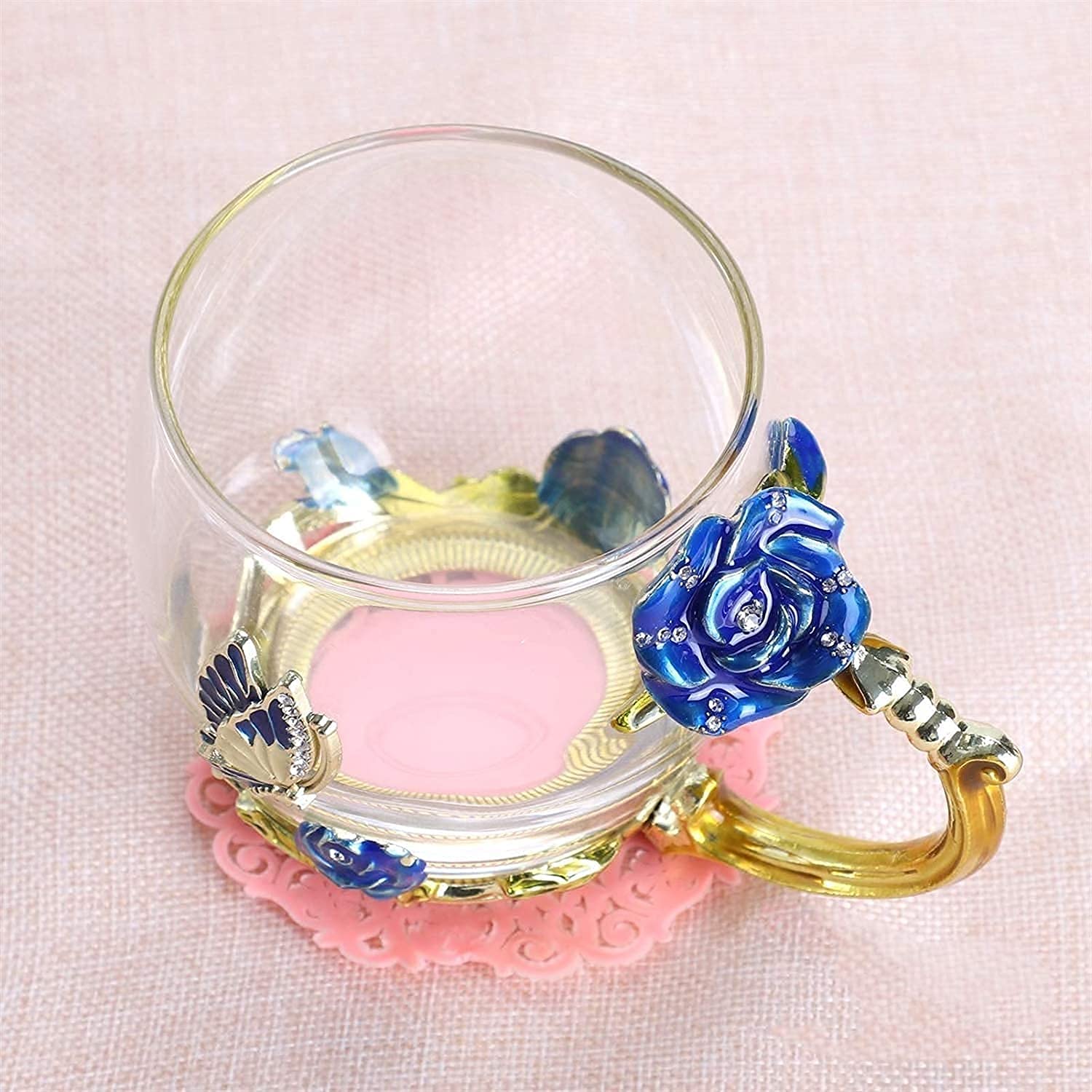 Teetassen, Emaillierte Blumen-Teeglastasse, Kaffeetasse, Glastasse, Damentasse, Blumen-Teetasse, tragbare Wassertasse for Damen, Emaille-Sonnenblumen-Glas-Teetasse, Kristallglas-Löffel-Set
