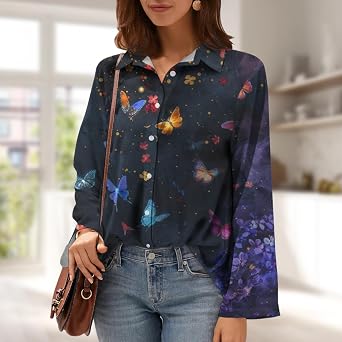 Womens Blouses Long Sleeve Bohemian Print Summer Flowy Tops Loose Casual Elegant V Neck Button Down Tee Shirts