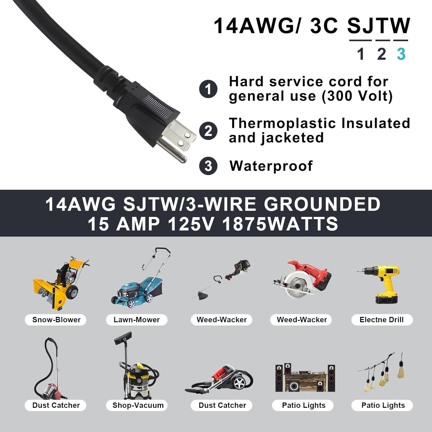ON Off Switch Extension Cord 3 Prong - 1.5FT Waterproof NEMA 5-15P Male to NEMA 5-15R Female 3 Prong Extension Cable for Outdoor IP54, Heavy Duty Supply Cord 125V 15A,SJTW 14AWG