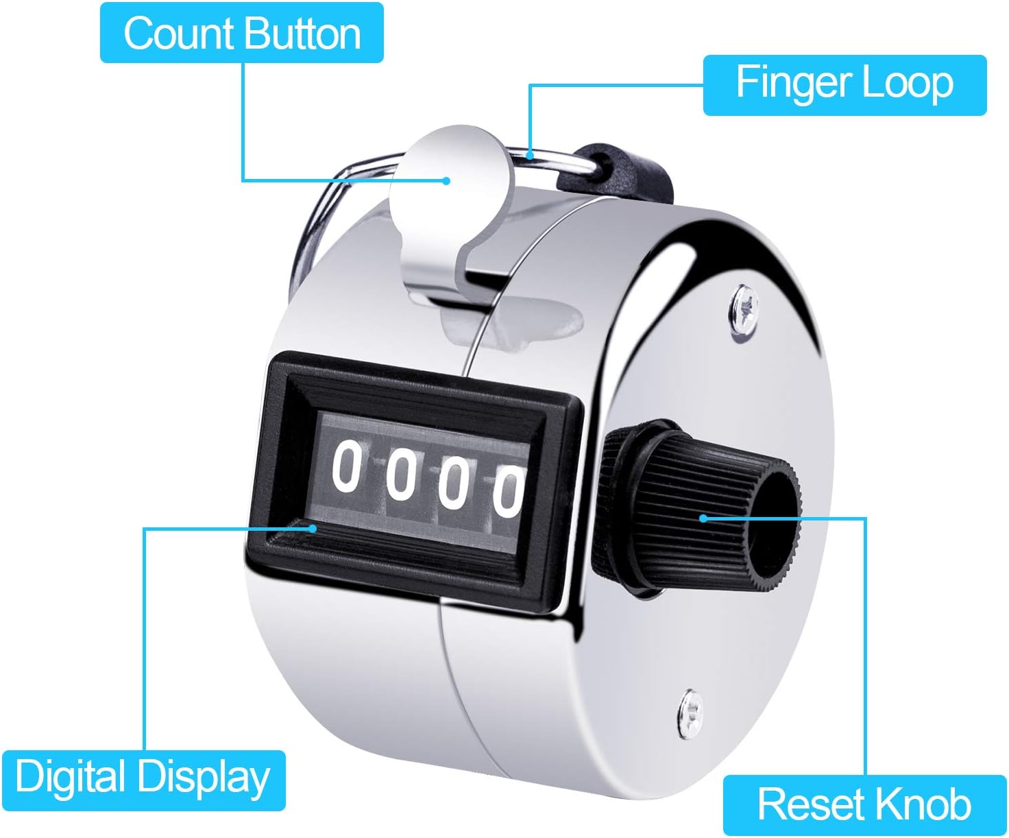 MENOLY 2 Pack Hand Tally Counter, Pitch Counter clicker 4 Digit Display Metal Manual Mechanical Counter Clicker with Finger Ring for Sport Stadium Coach Referees School Event-Silver