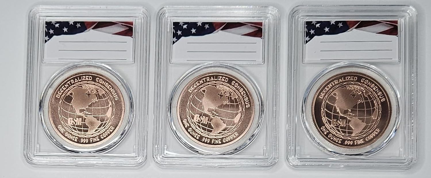 3 Pc. Cryptocurrency Commemorative Rounds Set, 1oz .999 Fine Copper Bitcoin Ethereum Litecoin in Acrylic Slabs