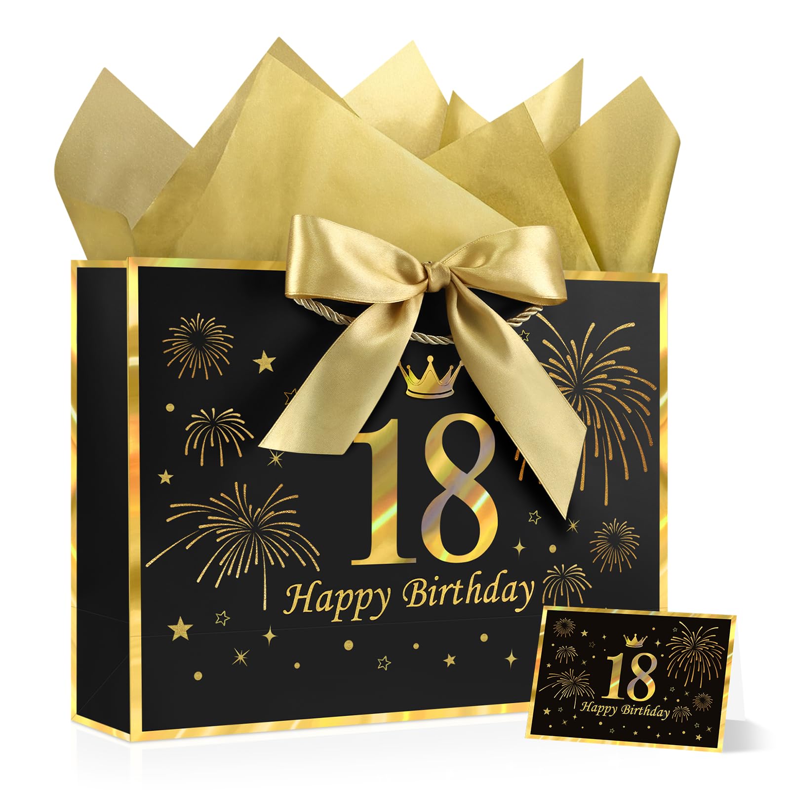 YoungTree 18th Birthday Gift Bag with Tissue Papers and 1 Greeting Card Ribbon,Portable Paper Gift Bags with Handles,Black Gold Present Bags for 18th Birthday Decorations Supplies 12.6" x 9.8" x 4.3" — image 1
