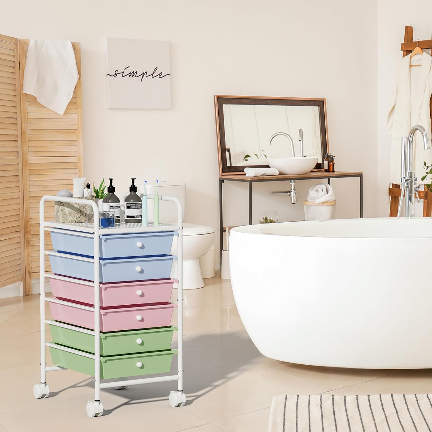 Metal 6 Tier Rolling Cart with 6 Drawers,1 Table Top & 4 Wheels, Utility Grocery Craft Cart on Wheels for Classroom, Office, Bathroom, Kitchen, Bar, Home Storage and Organization, Dorm Room Essentials (black)