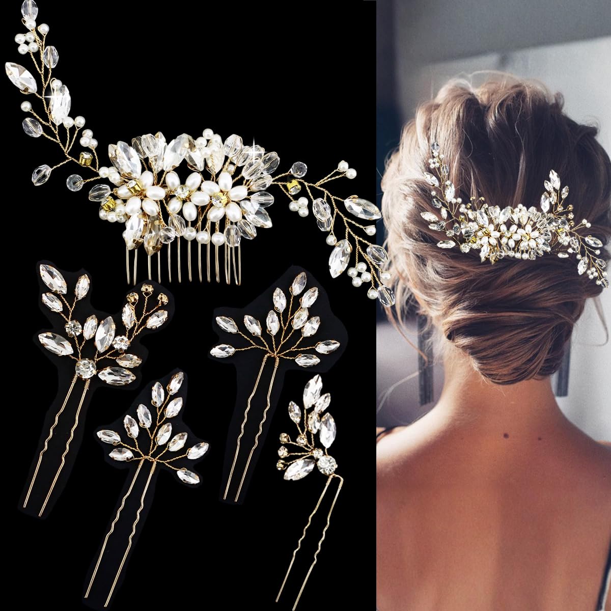 5 Pcs Bridal Flower Wedding Hair Pins Crystal Pearl Hair Clips Headpiece Wedding Hair Accessories Jewelry with Rhinestone for Brides Bridesmaids Women Girls Updo