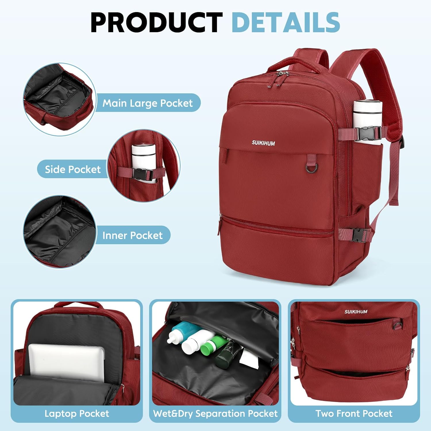 Travel Backpack for Men & Women, Carry on Laptop Backpack, Water-Resistant Oxford Fabric, Fits 16" Laptop, Anti-Theft & Luggage Strap, Red