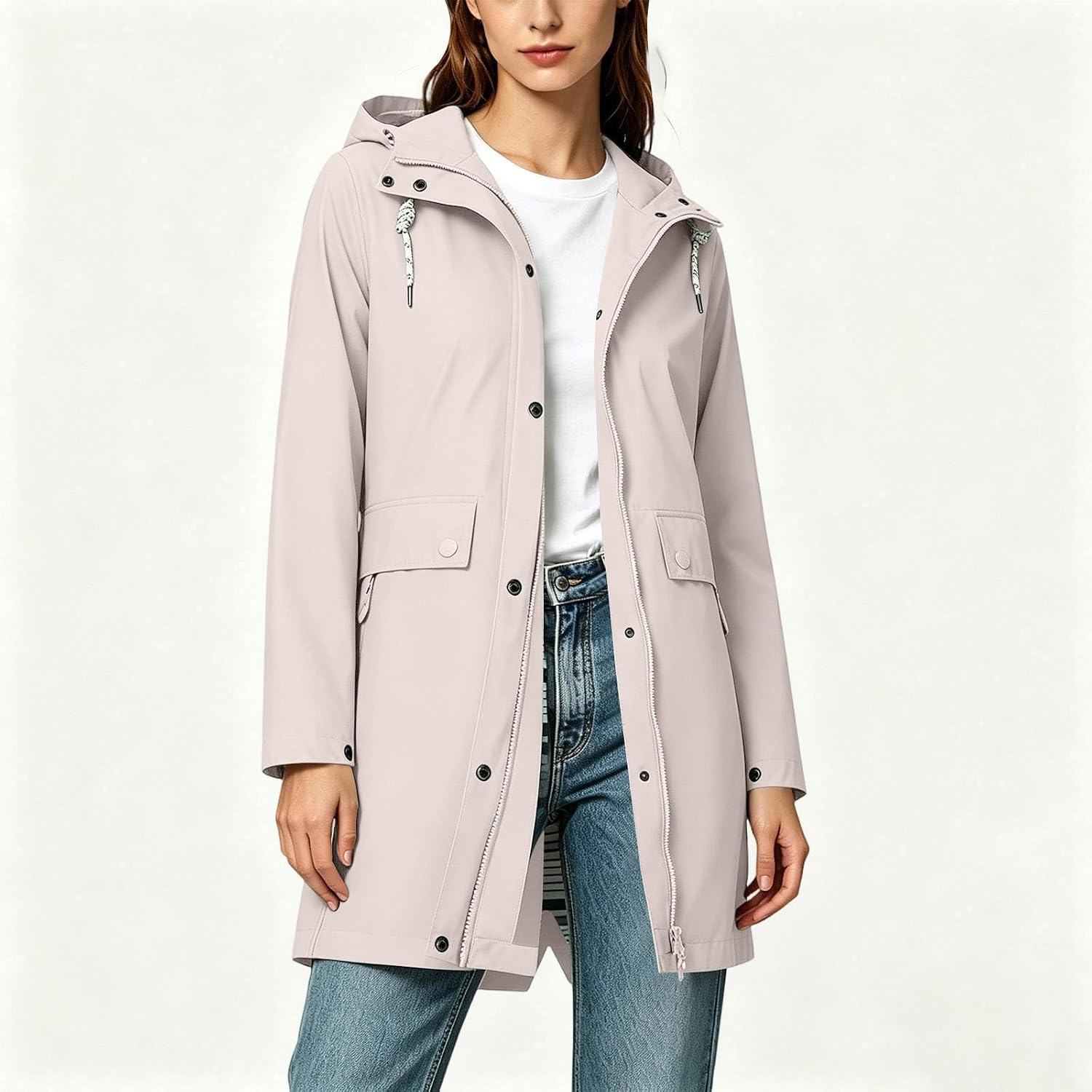 Trench Coat for Women Waterproof Hooded Zip Up Outdoor Rain Jacket | Women's Mid Length Softshell Anorak with Snap Flap Pocket, Drawstring Waist for Fall Spring Travel Hiking Casual