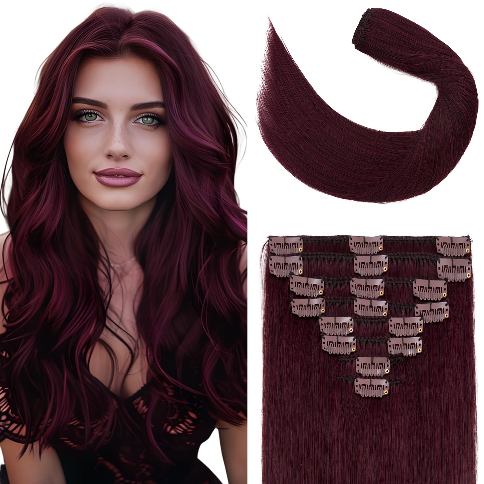Elailite Clip in Hair Extensions Real Human Hair 8 Pieces Standard Weft Straight - #99J Wine Red - 18 Inch (100 g)
