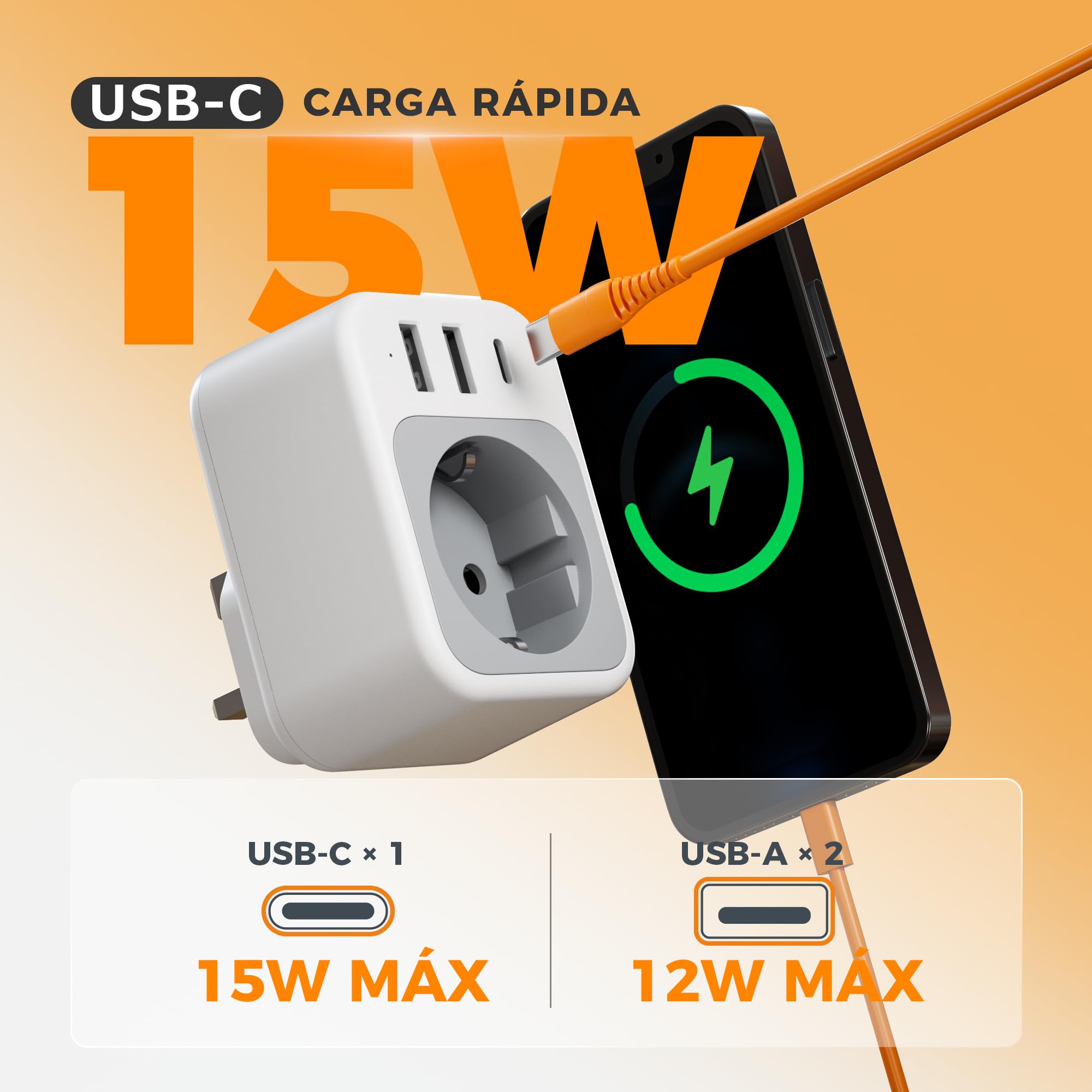 TESSAN Paquete de 2 Adaptador Enchufe UK, 4 en 1 Enchufe Tipo G con USB C y 2 USB A, Adaptador Ingles a Español 3250 W, Adapter Irlanda, EU to UK Plug Adapter para Irlanda Escocia